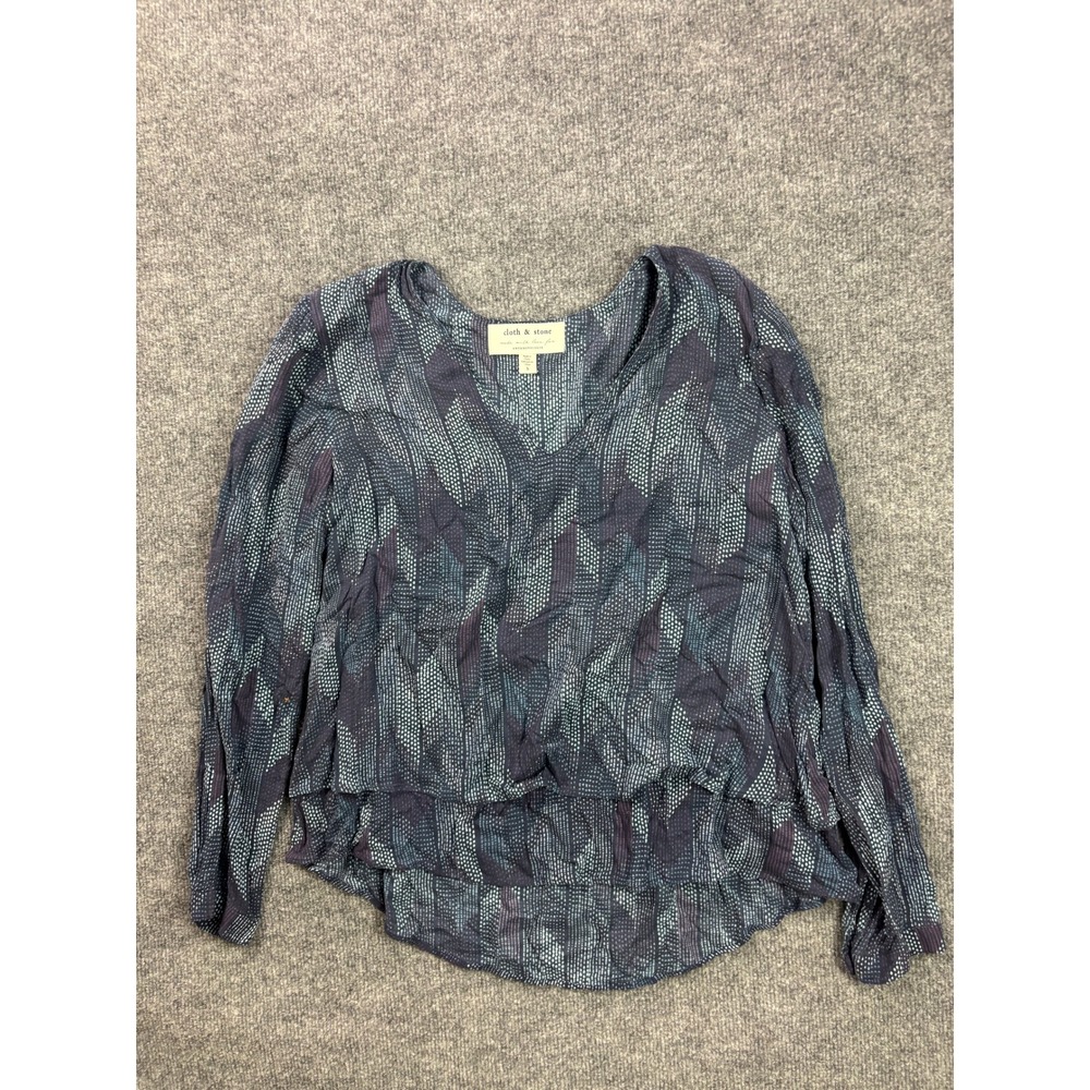 Cloth & Stone Anthropologie Blouse Womens S Blue Geometric Layered‎ V-Neck Top